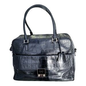 Vintage Anya Hindmarch Black Croc-Embossed Leather Satchel